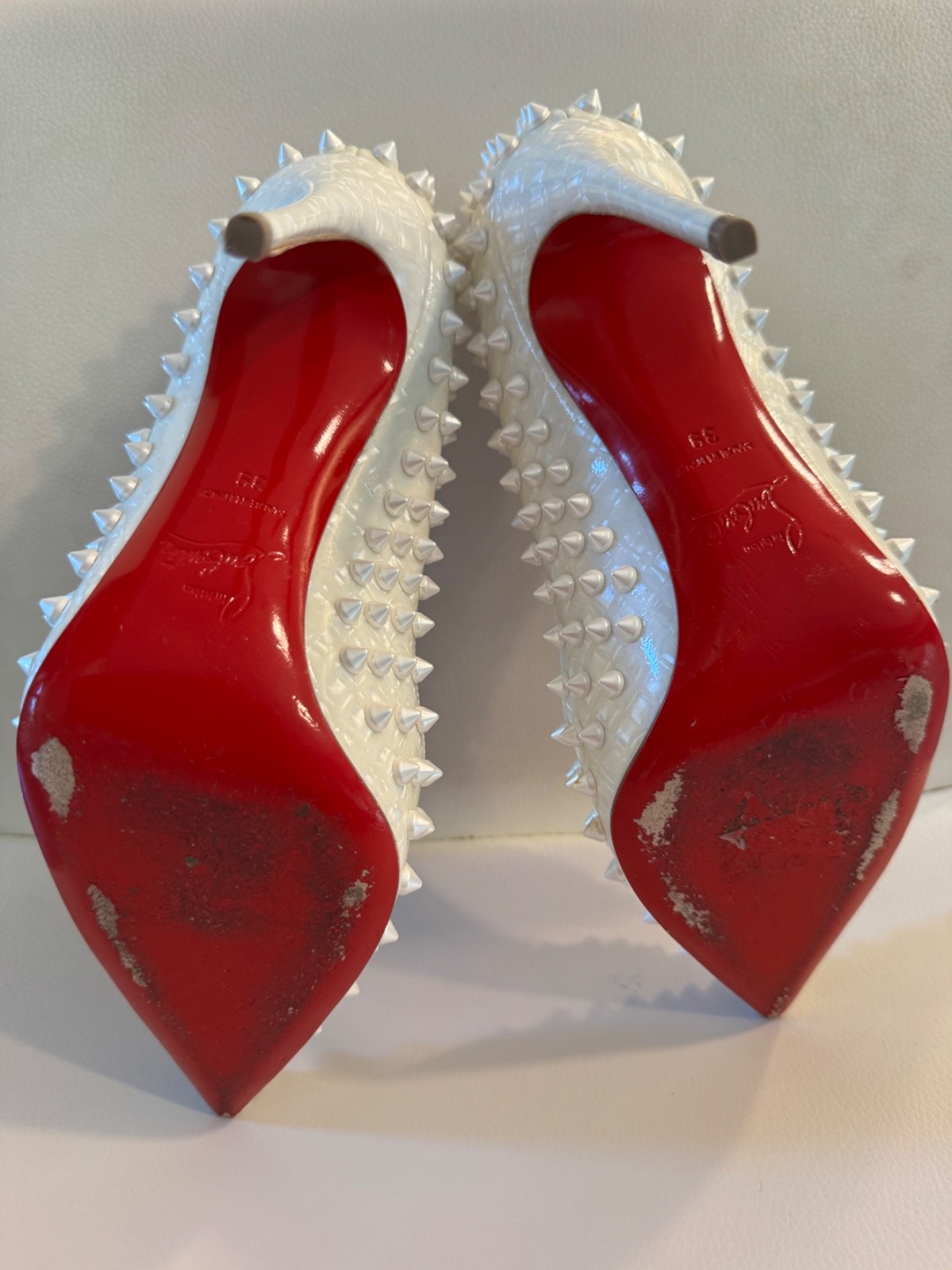 Christian Louboutin Follies Spikes 100 in Patent Coquillage (German Pearl/Latte)