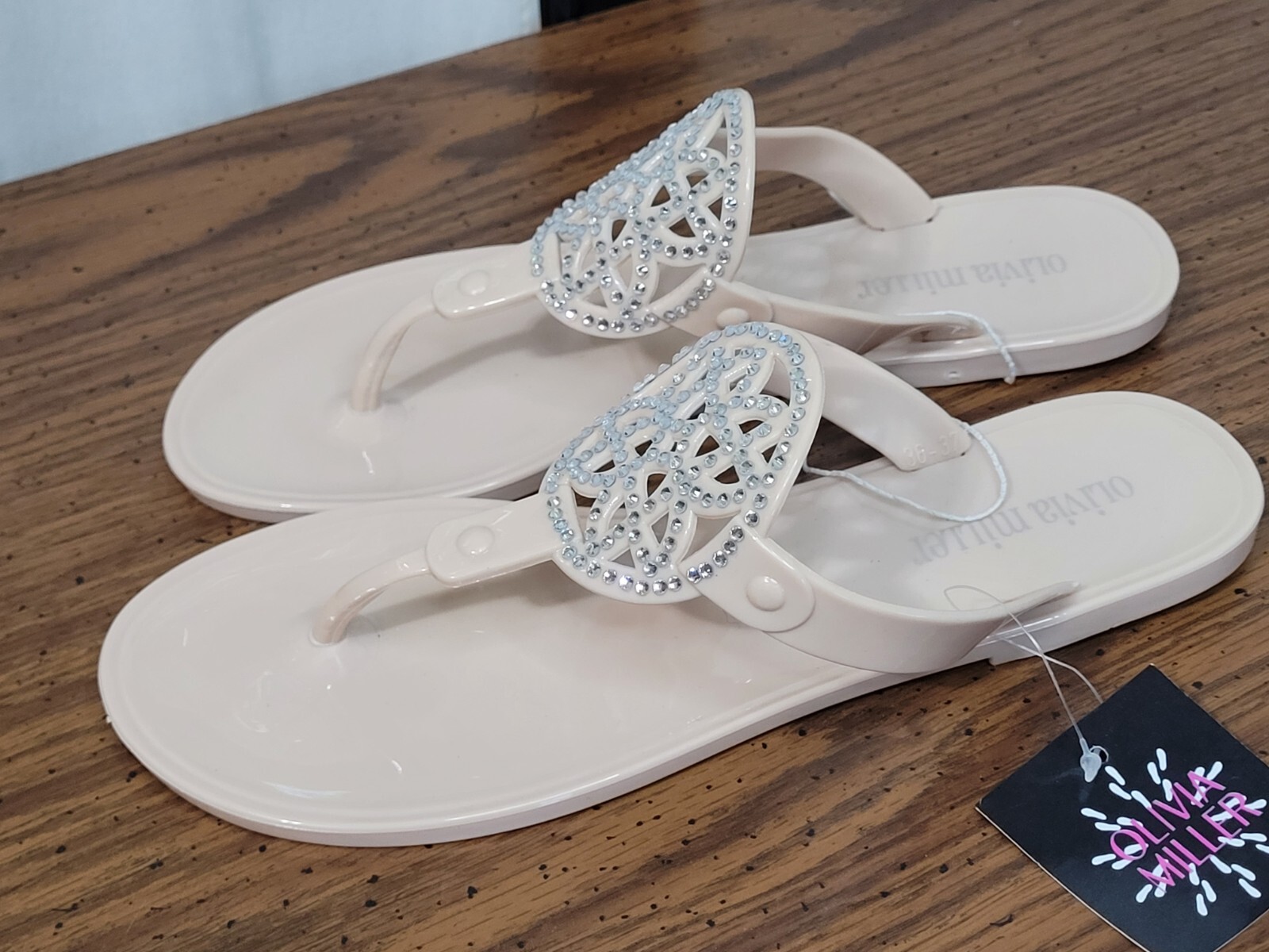 Olivia Miller Sandals Size 6 Beige Rhinestones Thong Jelly Flat Slip On NWT