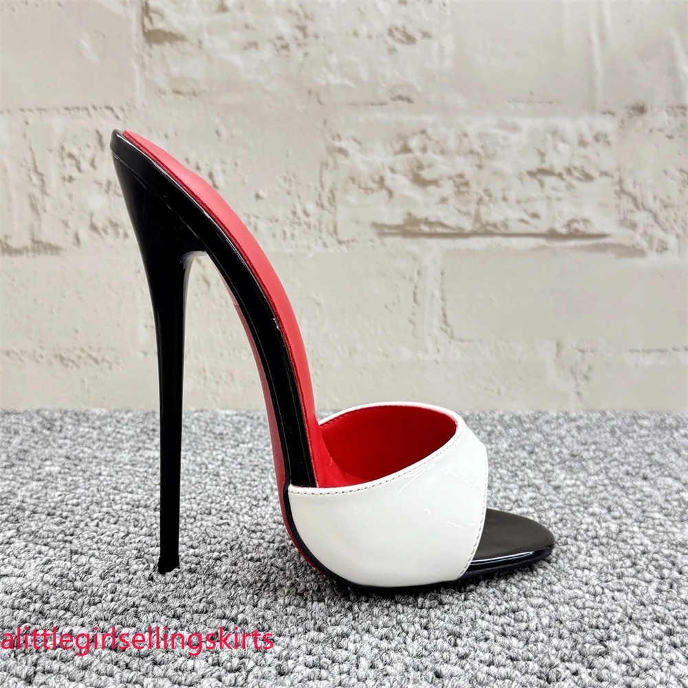 Women 16cm Mules Sexy Stilettos Slippers Patent Leather Summer High Heels Pumps