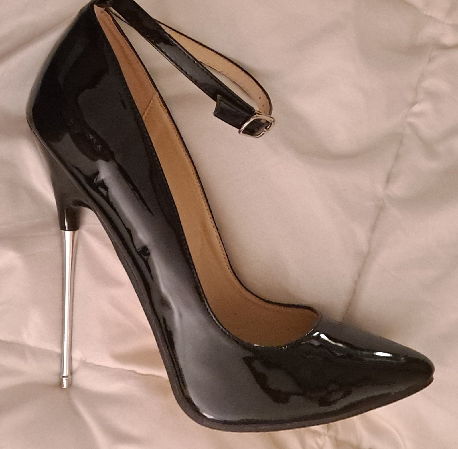 6″ Metal Spike Heels Black Patent Size 13 Opera Pumps Ankle Strap