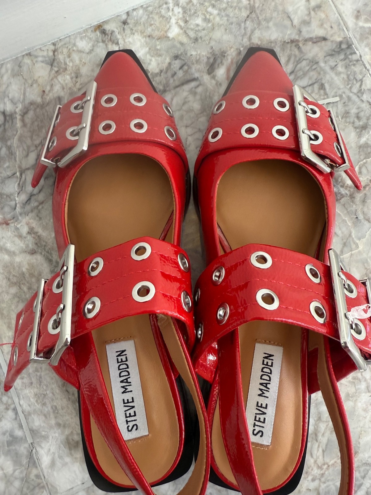 Steve Madden Graya Red Patent Leather Slip ons with Silver Grommets 7 M