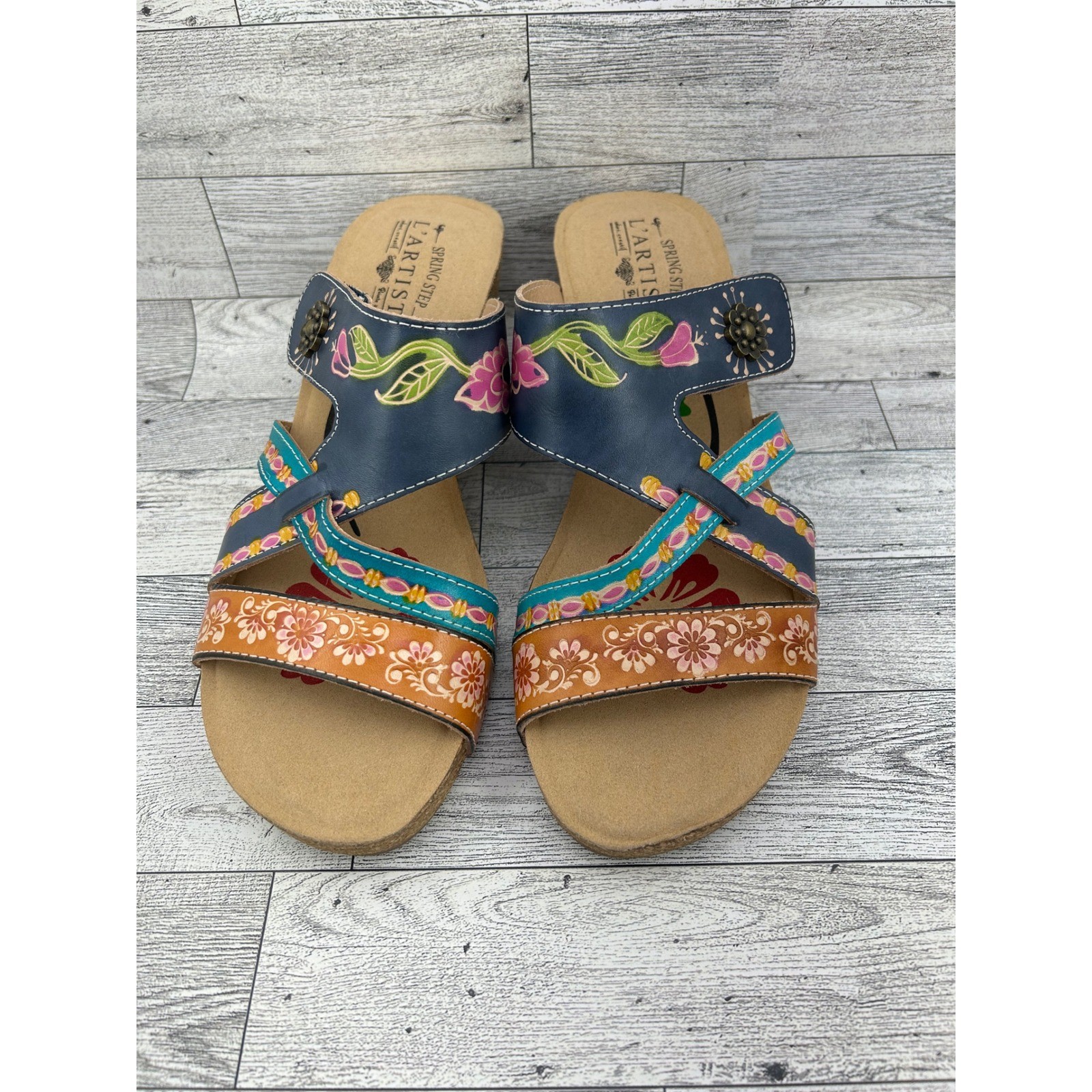 L’Artiste Spring Step Swan Multi Hand Painted Leather Wedge Sandals Women 41 10