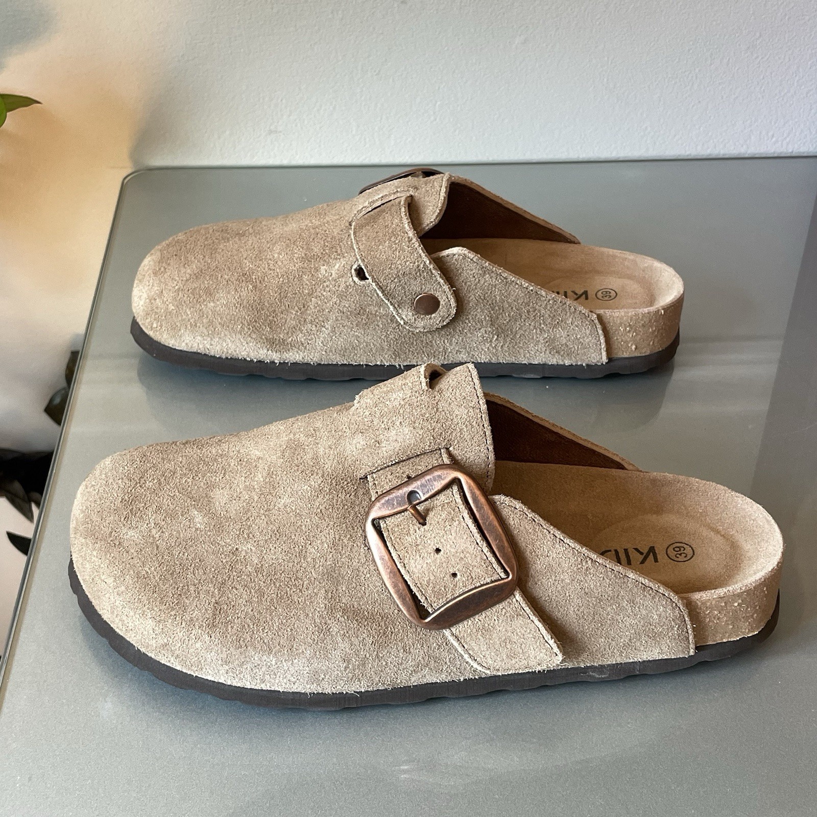 KIDMI Beige Suede Clog Mules Adjustable Buckle Comfort Sandals Women’s EU 39