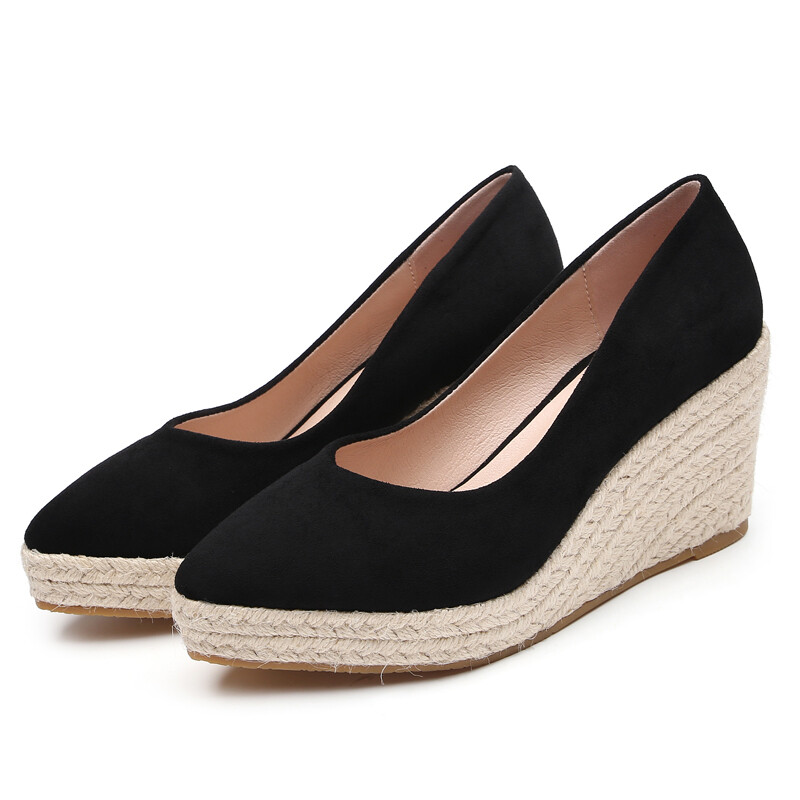 Pointed Toe Wedges Heel Slip On Espadrille Suede Black Women Princess Shoes 42