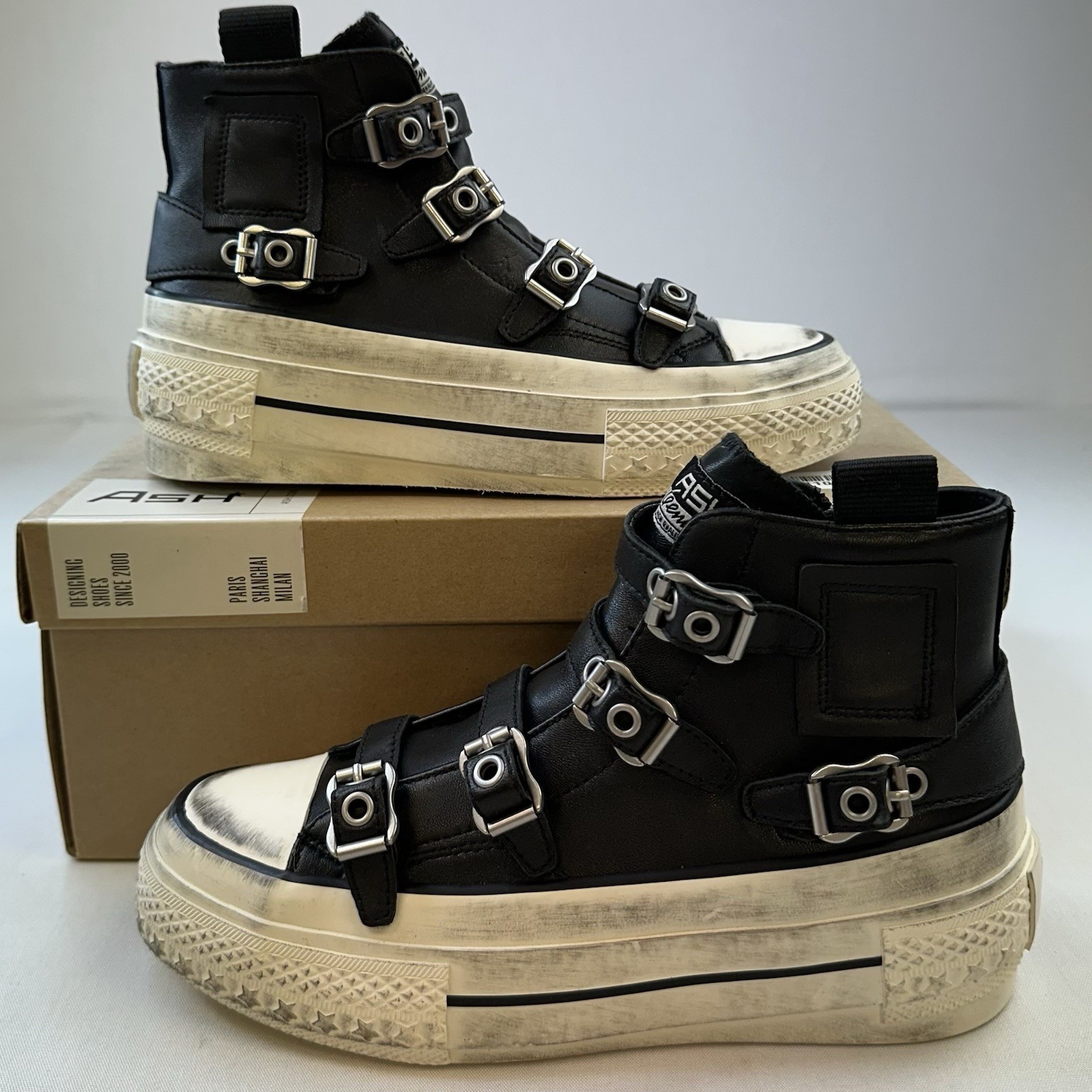 Ash Rainbow Buckle High Top Sneakers Black Leather Women’s EU 36 US 6