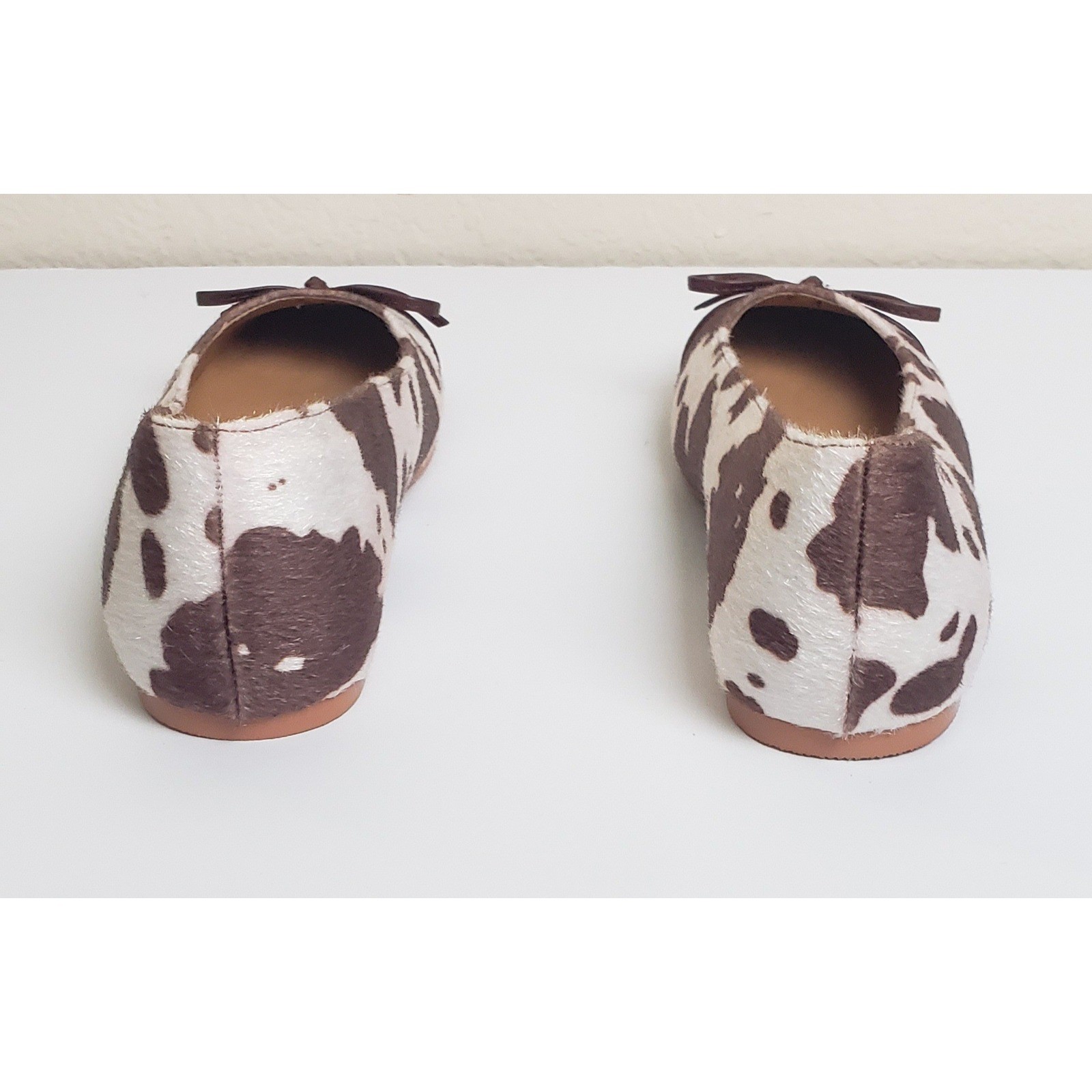 Glamorous Brown Cow Print Faux Calf Hair Square Toe Ballet Flats Bow Accent US 9