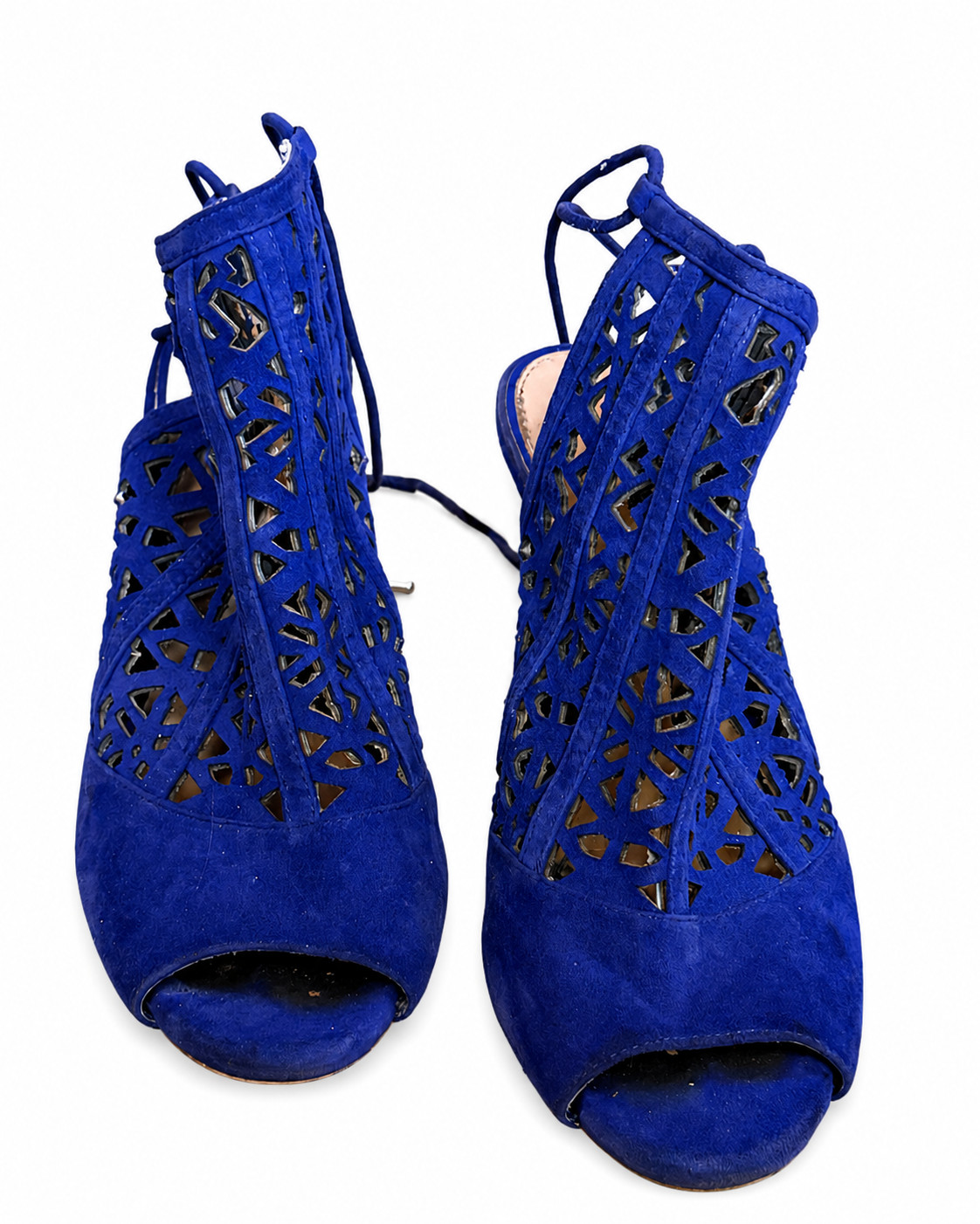 Gianni Bini Women’s Blue Suede Laser Cut Lace Up Peep Toe Heels Size 7.5M