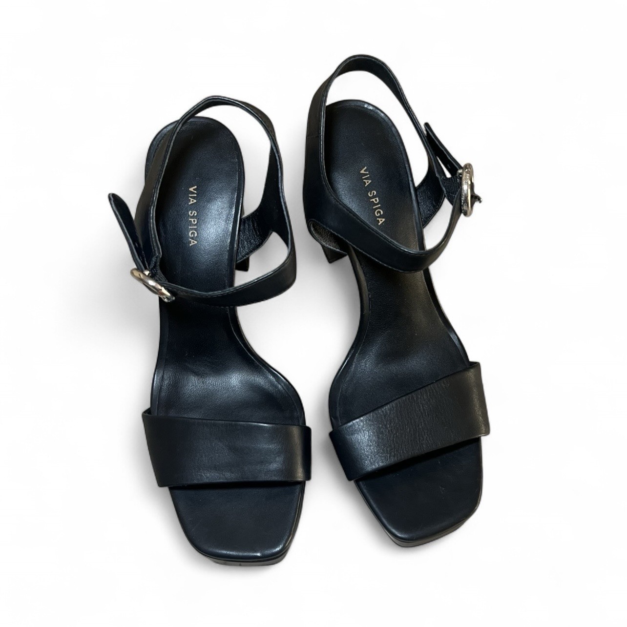 Via Spiga Black 100% Leather Platform Block Heel Square Toe Sandals Women’s 9M