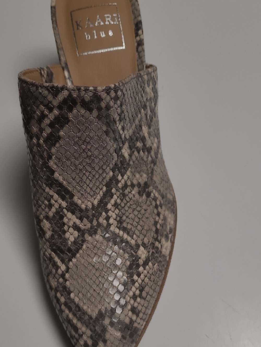 Kaari Blue Snake-Print Pointed Slip-On Mules in Beige and Gray – Size 7