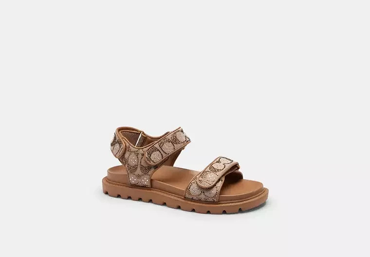 Coach Brynn Crystal Signature Jacquard Double Band Straps Sandals Tan, CEF38