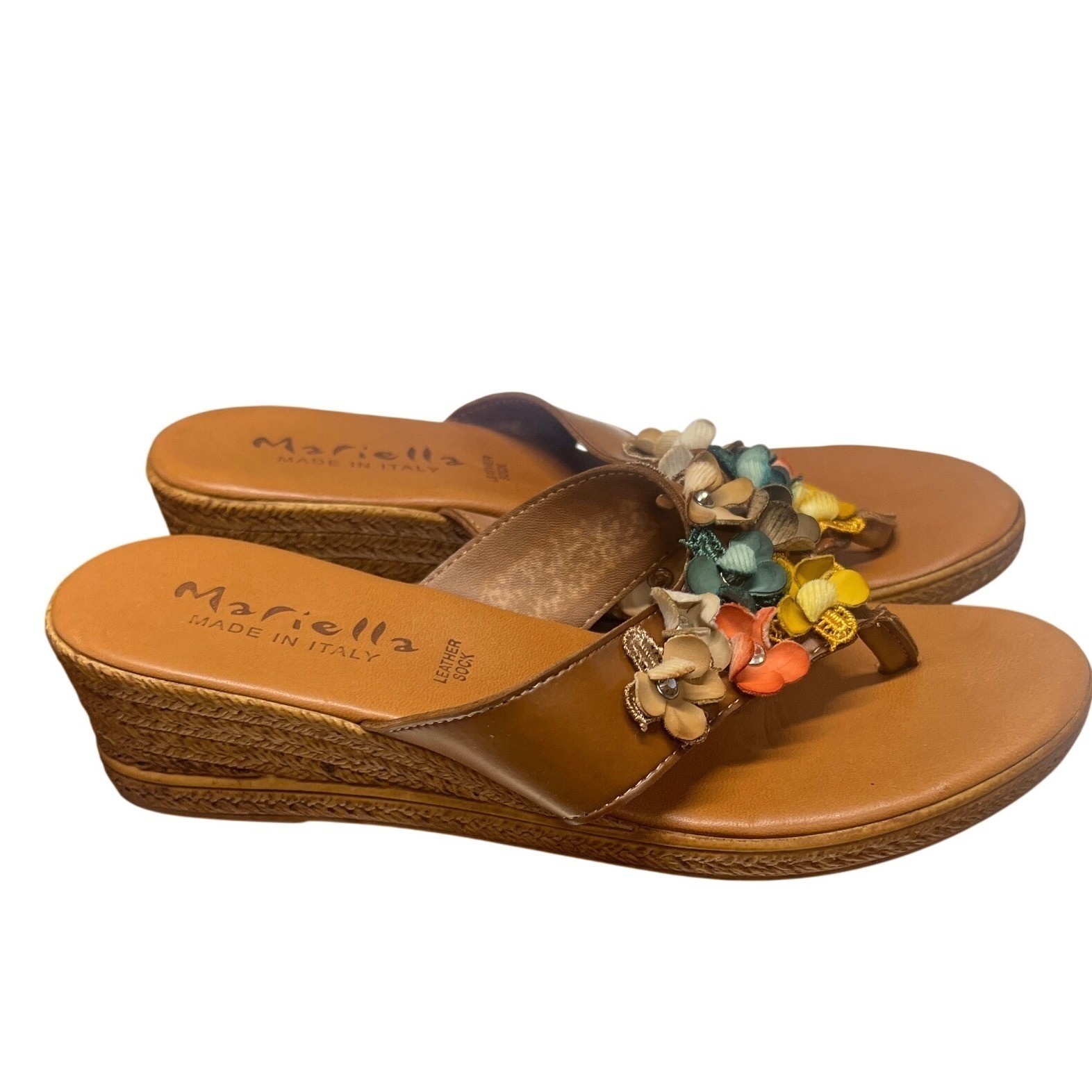 Mariella Made In Italy Tan Leather Floral Wedge Sandals Size 38 Boho Chic