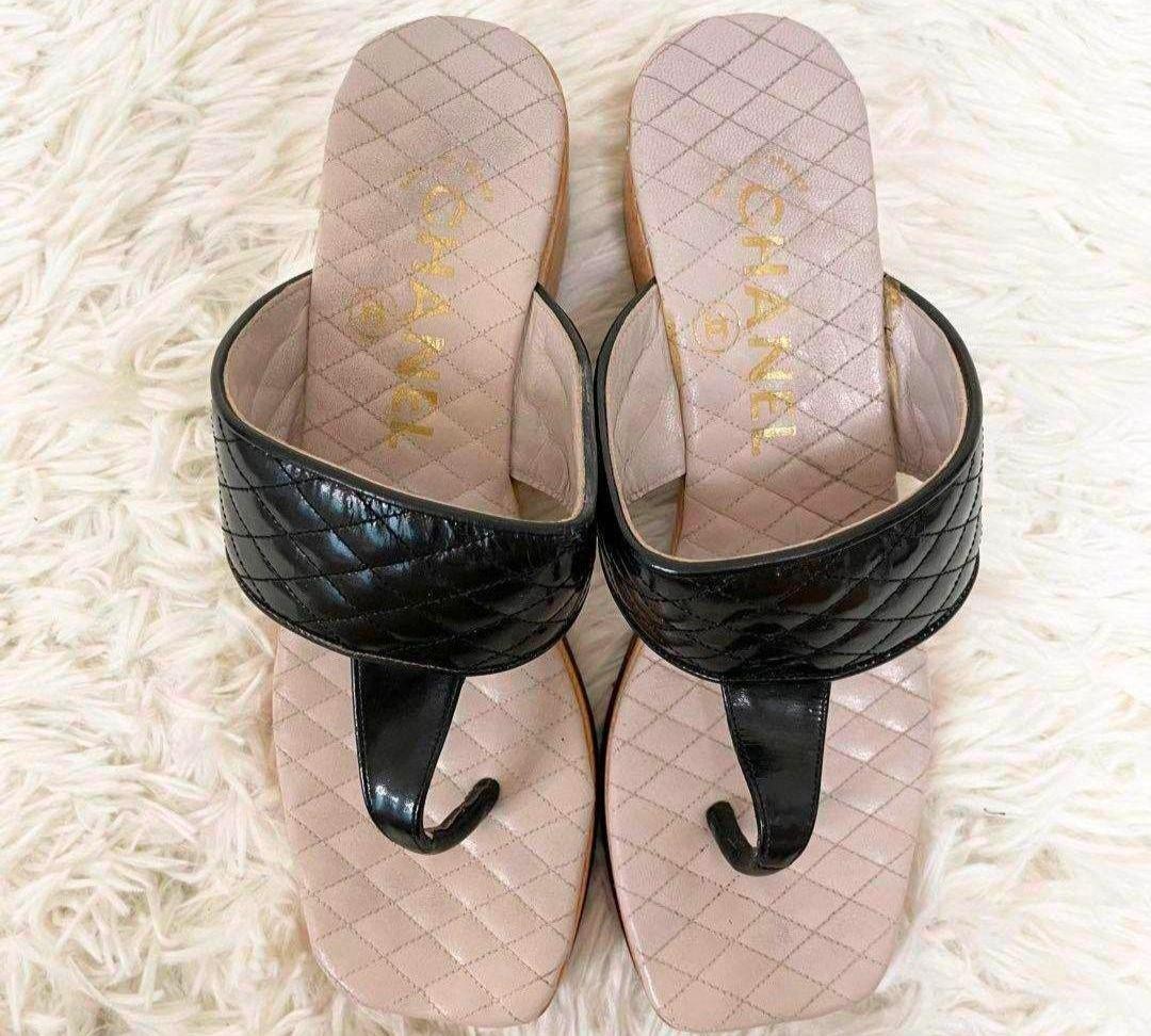 CHANEL Quilted Thong Sandals Size 36 23.5cm Black Wood Sole