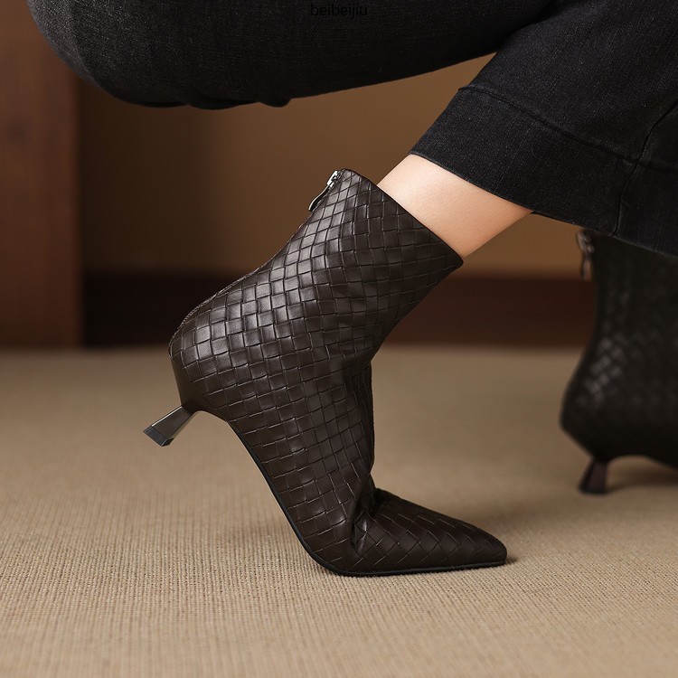 Women’s Weave Real Leather Ankle Boots Low Kitten Heel Dress Fashion Shoes Plus