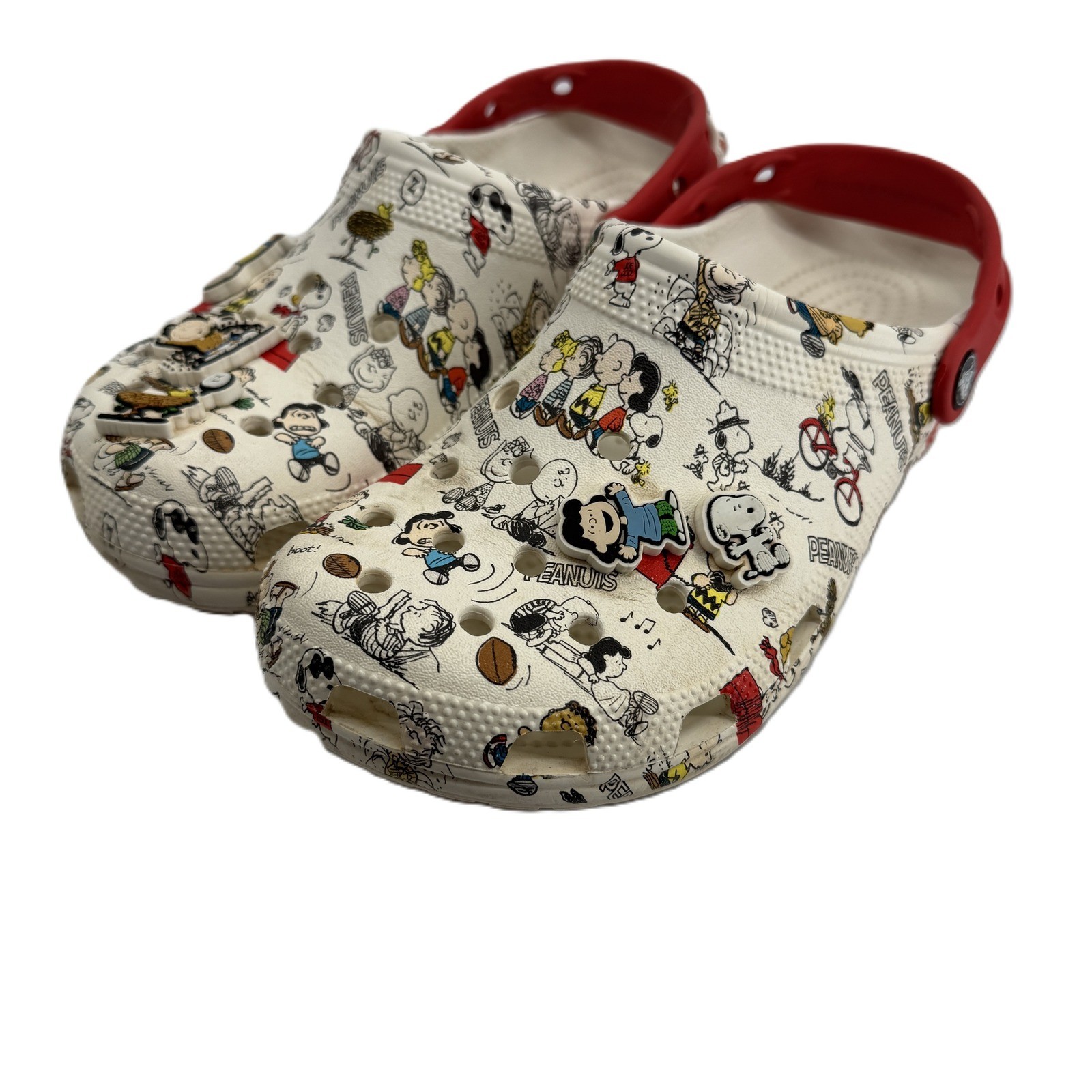 Crocs Peanuts Classic Clog Women 9 Men 7 White Red Snoopy Charlie Brown Jibbitz