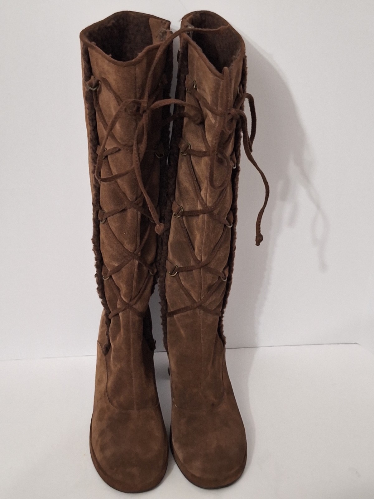 VTG 90s Y2K Mudd Boots Womens 7M Leather Platform Suede Tall Heels Lace Up Bratz