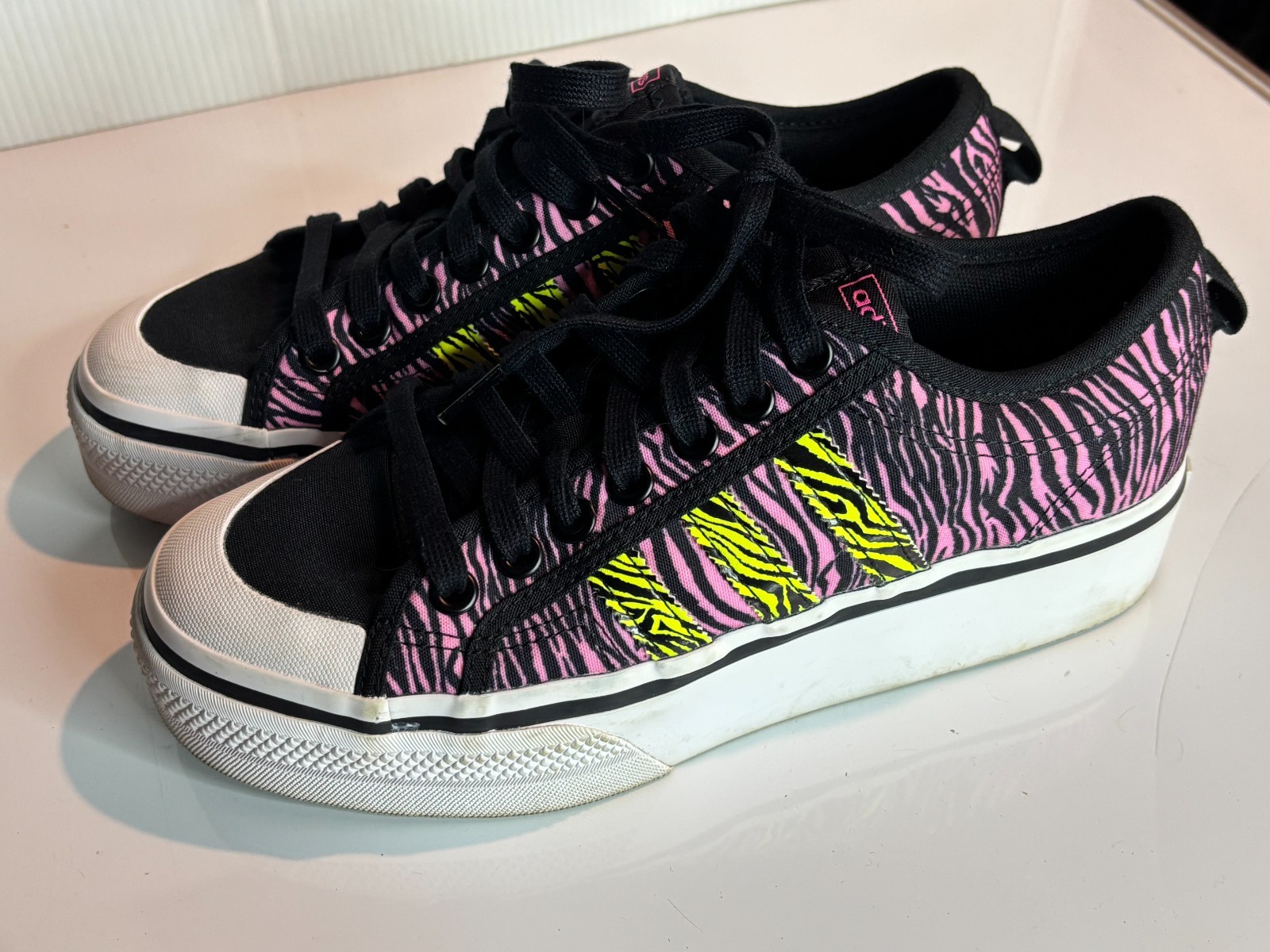 Adidas Originals Nizza Platform Black Pink Zebra Print Womens Lace Sneakers 9.5
