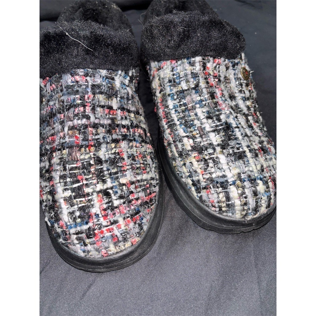 Skechers BOBS Slippers Womens Slip-On Clog Black Tweed Memory Foam Fur M/L cozy