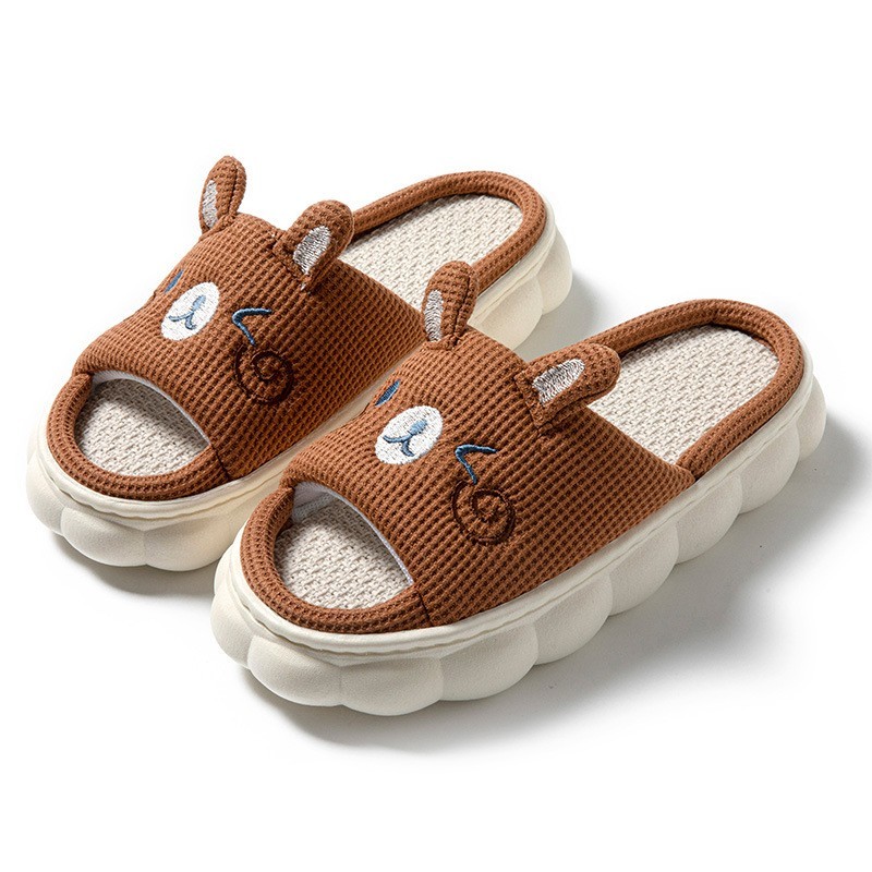 Cartoon Bear Rabbit Couple Slippers Open Toe Cotton Linen House Shoes