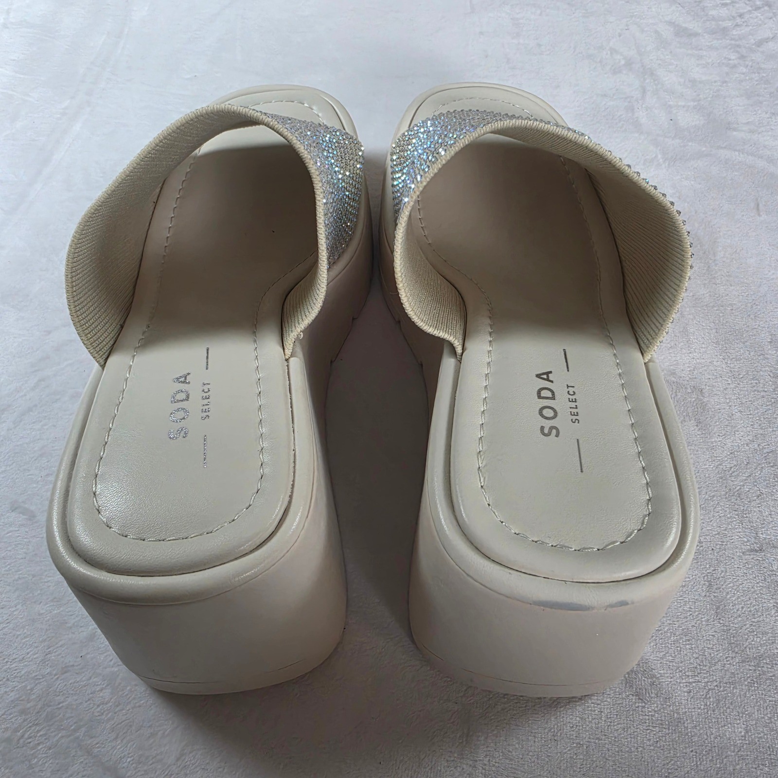 Soda Select Womens Rhinestone Embellished Platform Wedge Slide Sandals Beige 7.5