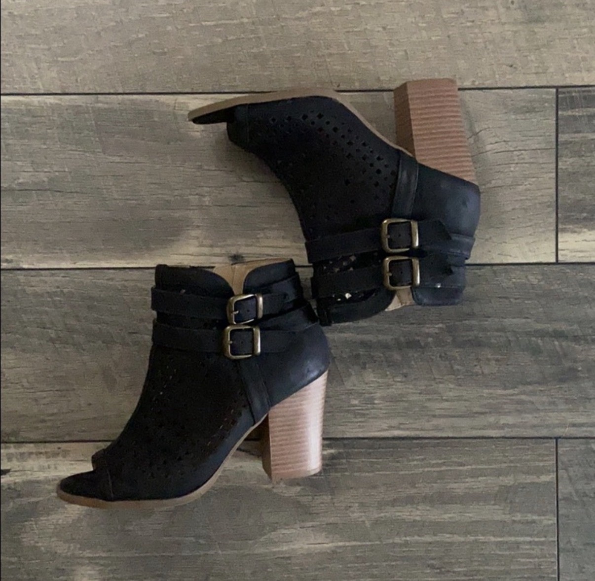 Black Suede Stacked Heel Bootie Open Toe Size 8 Women’s