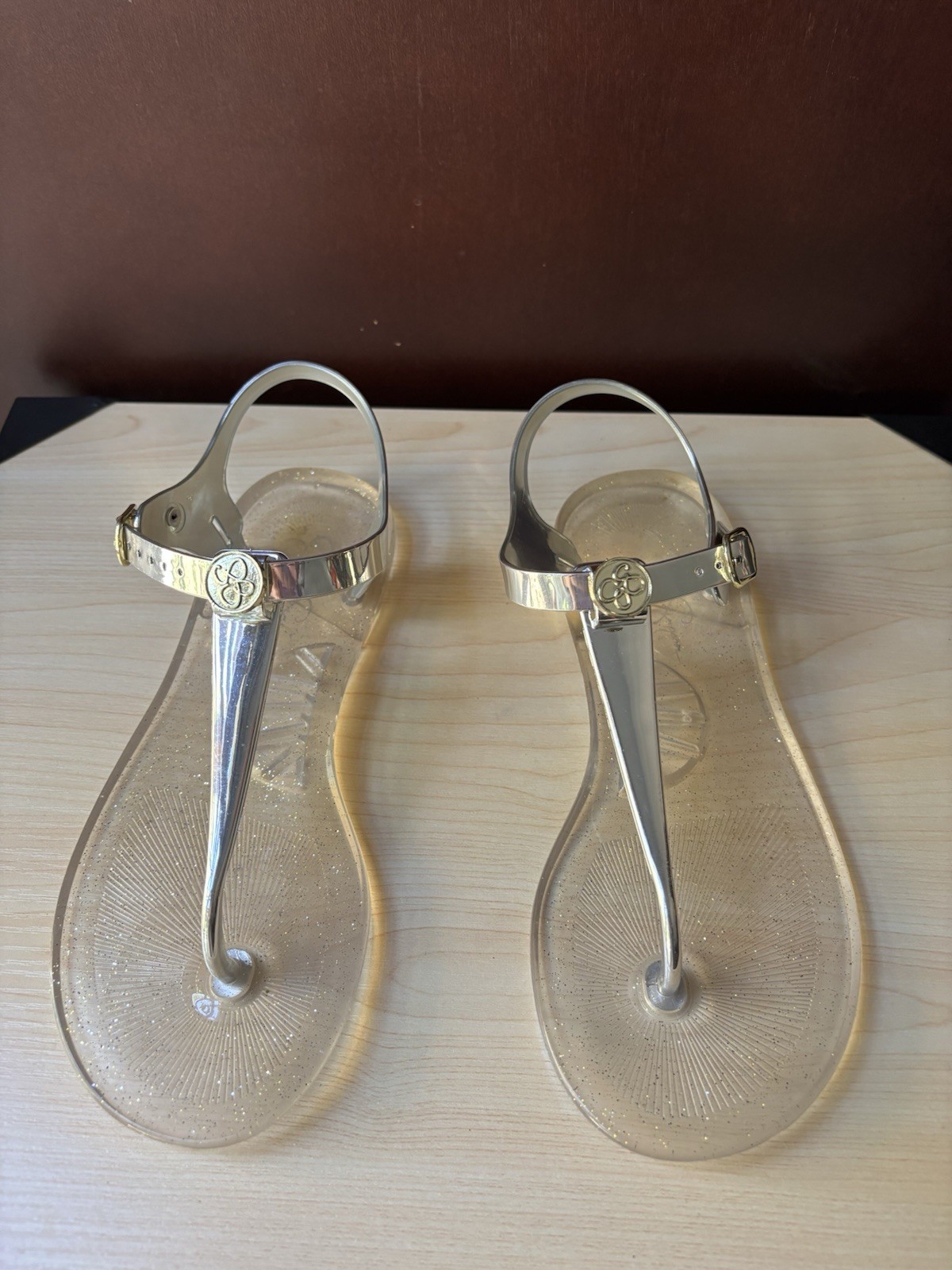 New Jessica Simpson Clear Glitter Silver T-strap Jelly Sandals Size 5