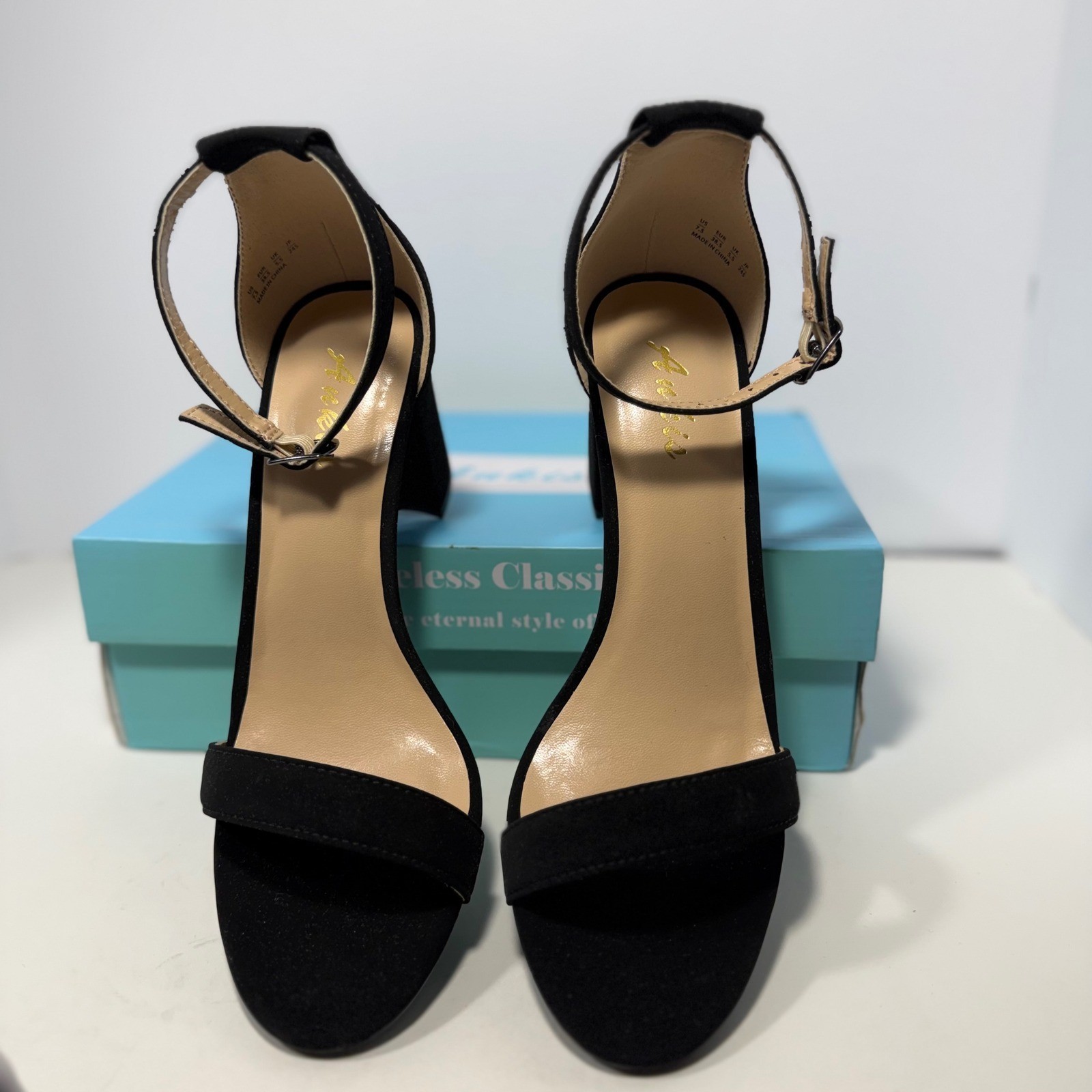 Ankis Women Black Faux Suede Block Heel Ankle Strap Sandals Size 7.5 Open Toe