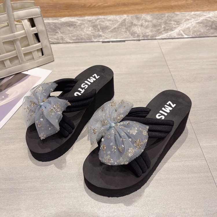 Rice Pink Blue Bow Round Head Sandals High Heels Female Summer Thick Sole