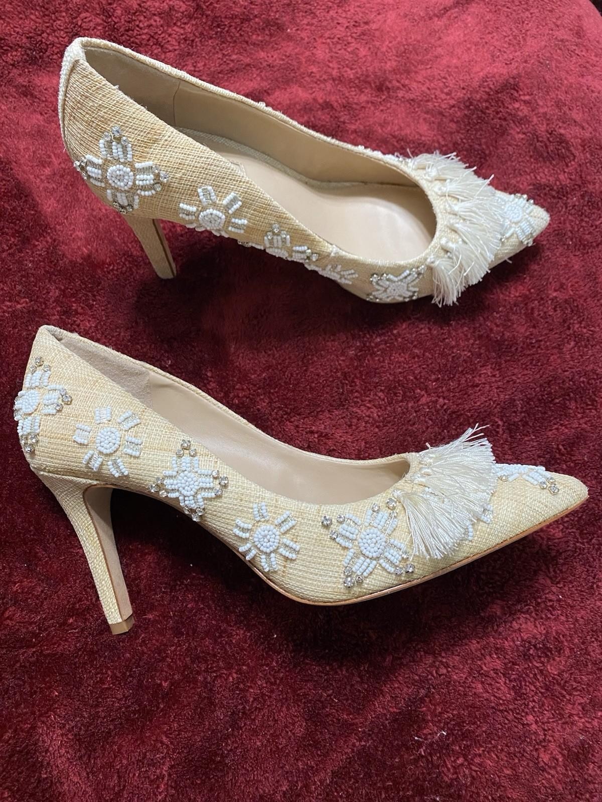 Antonio Melani Ivory Heels 10M Beaded Rhinestone Tassel Dress Shoes Wedding