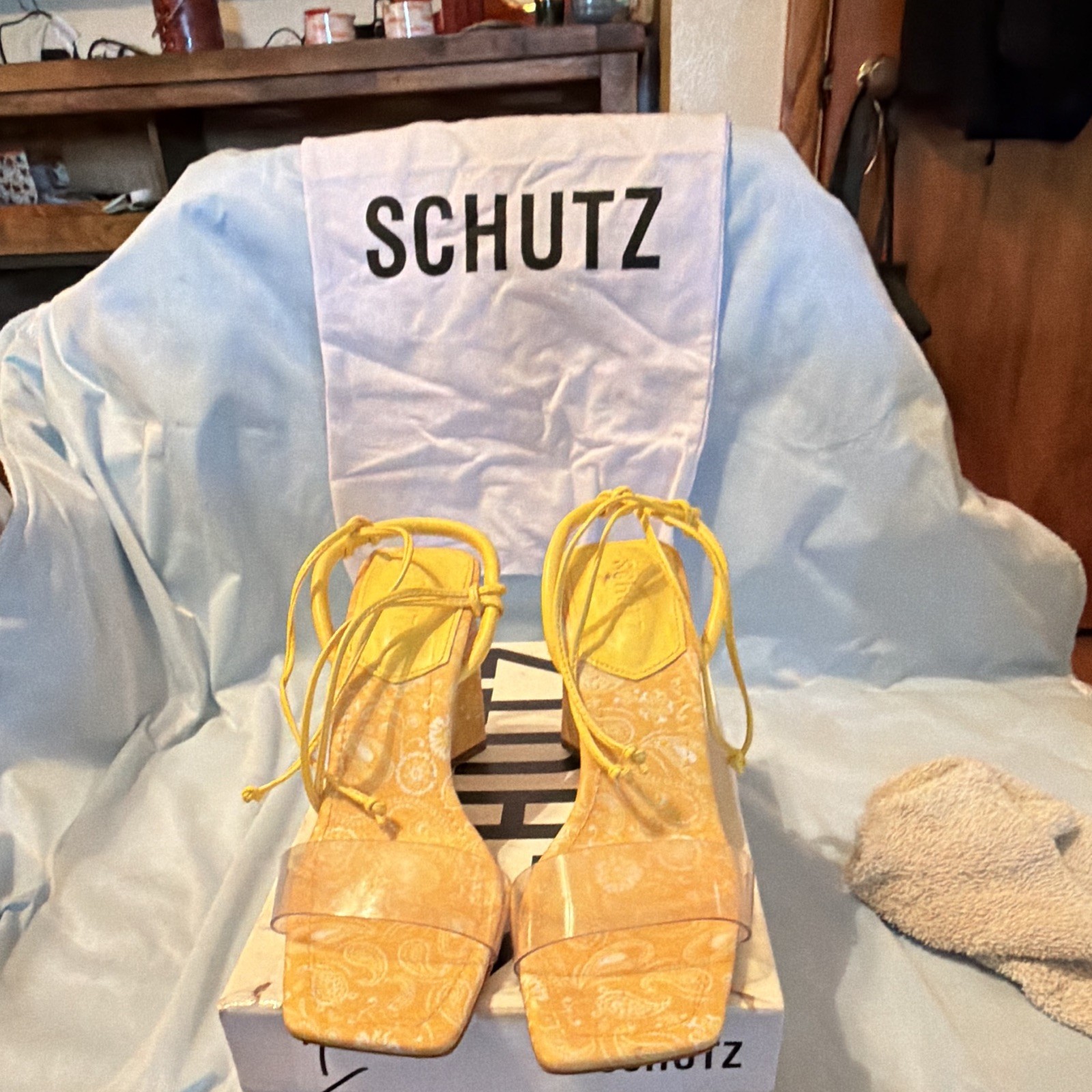 Schutz Yellow/Clear Paisley Tie Ankle Strap Sandals Women’s US 7
