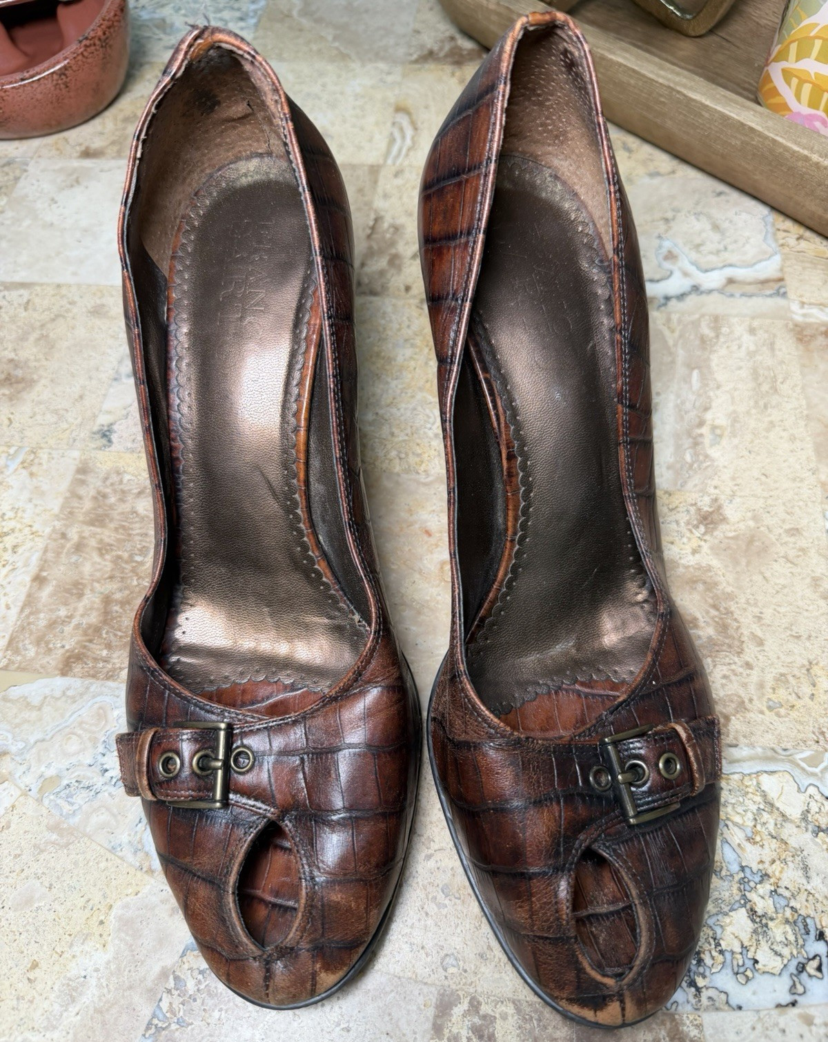 Cole Haan Brown Croc Embossed Leather Peep Toe Buckle Block Heel 11M