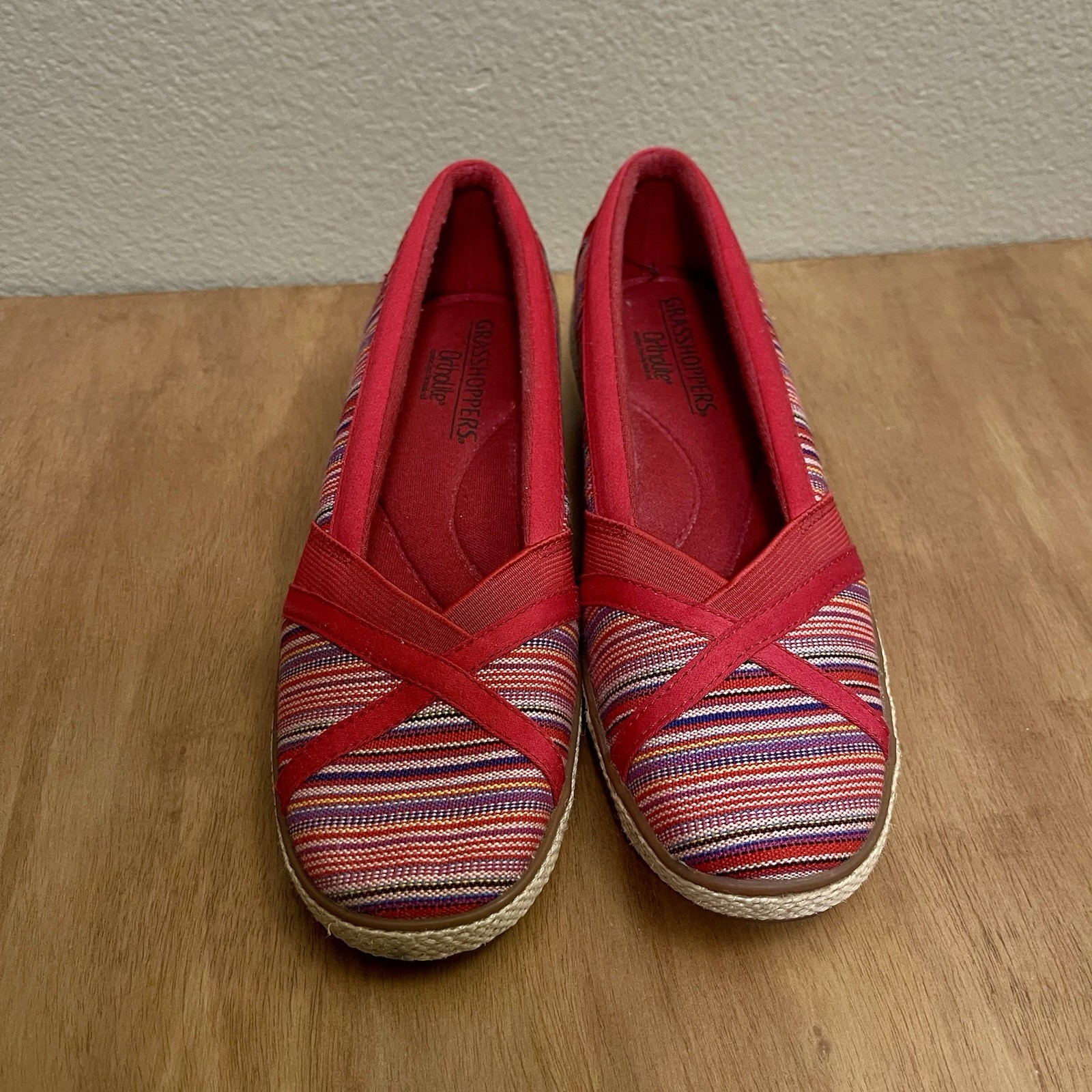 Grasshoppers Ortholite Misty Striped Wedge Shoes Slip On Red Comfort Shoe Sz 6N