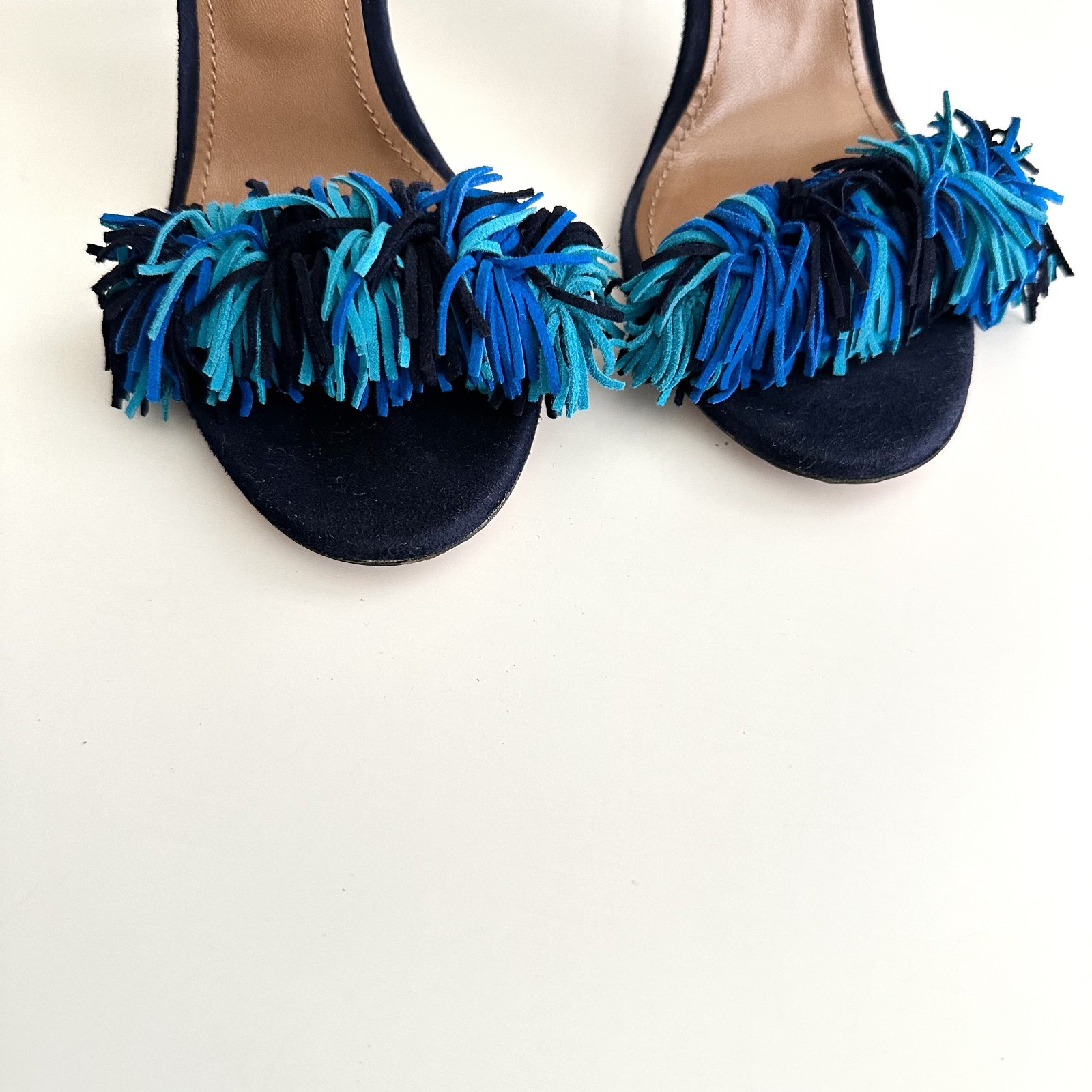 AQUAZZURA Wild Thing Multi Blue Suede Ankle Wrap Fringe Heels Sandals Size 38.5