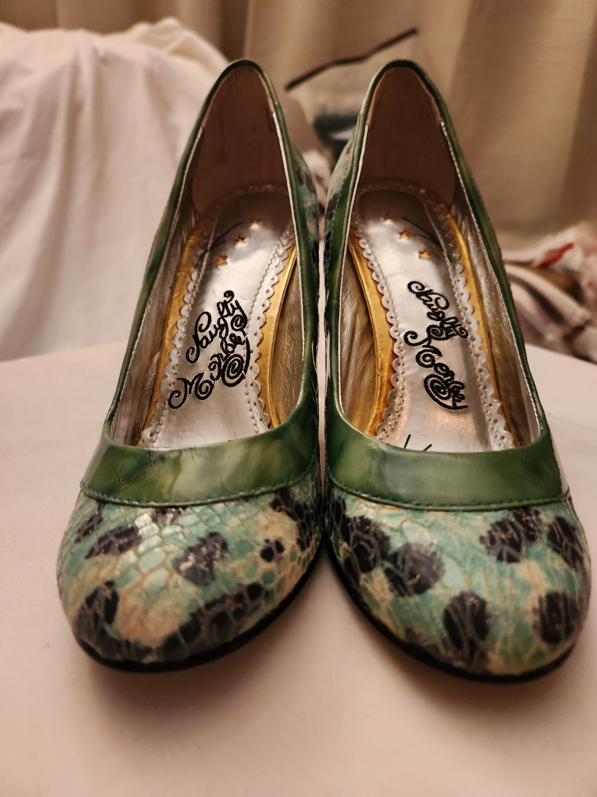 Naughty Monkey 7 Green And Blue W/ Black Leopard Print & Gold Sparkle Pumps