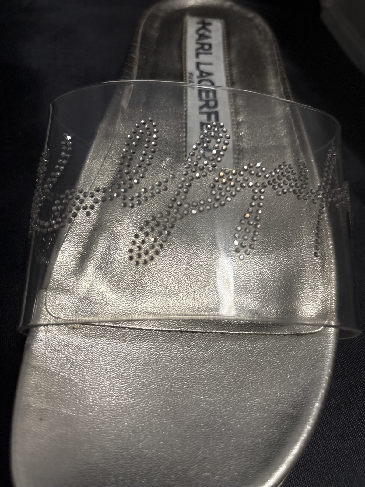 Karl Lagerfeld Paris Gala Crystal Logo Slides Silver/Gold Metallic Clear Size 5