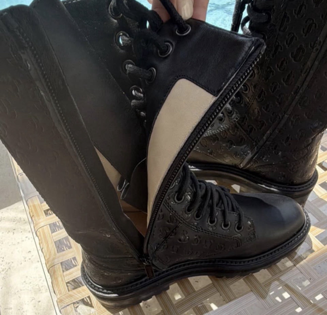 Jimmy Choo Black Leather Knee-High Combat Boots Lace Up Zipper Women’s 7.5