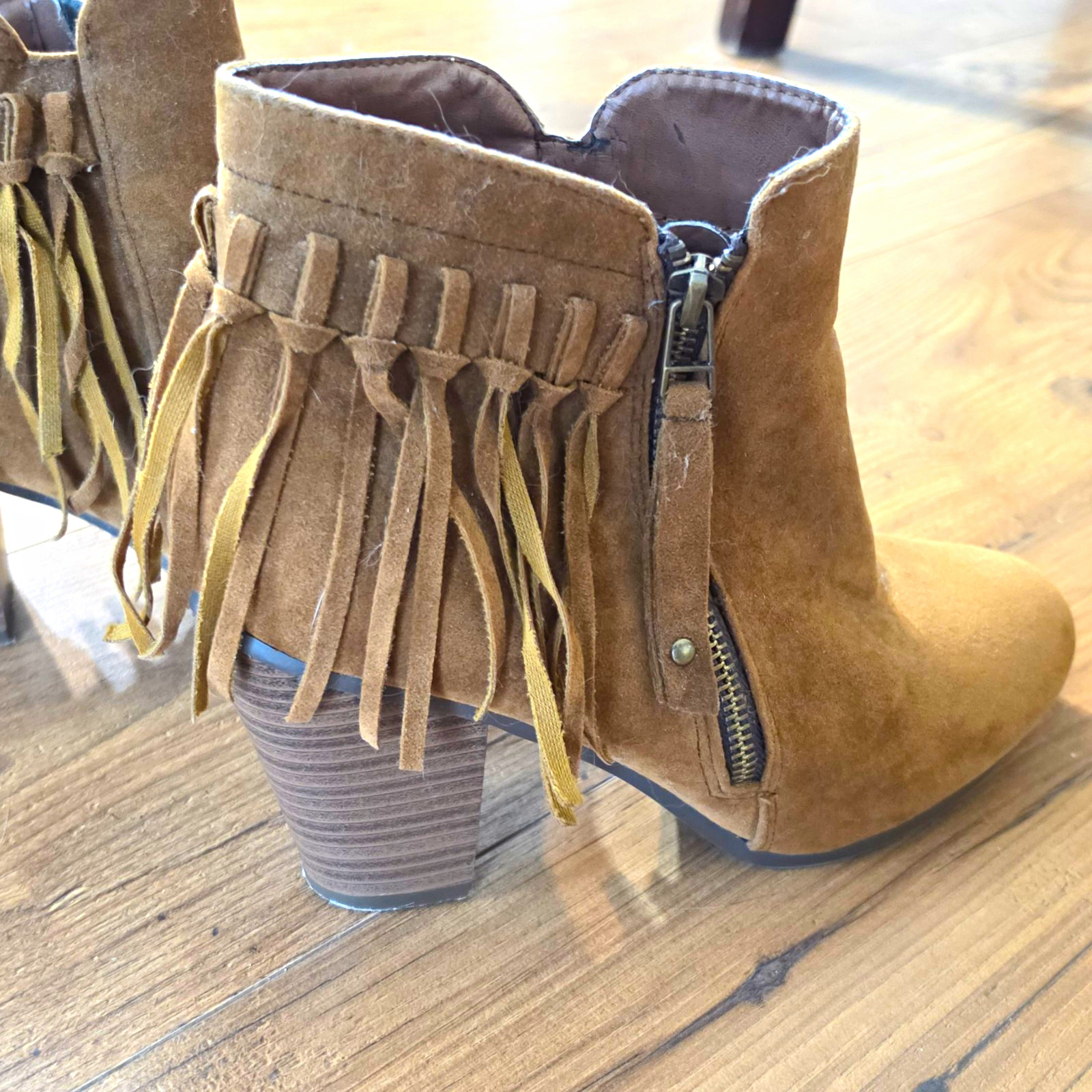 Brash Gail Brown Faux Suede Fringe Ankle Bootie Round Toe Side Zip US 10
