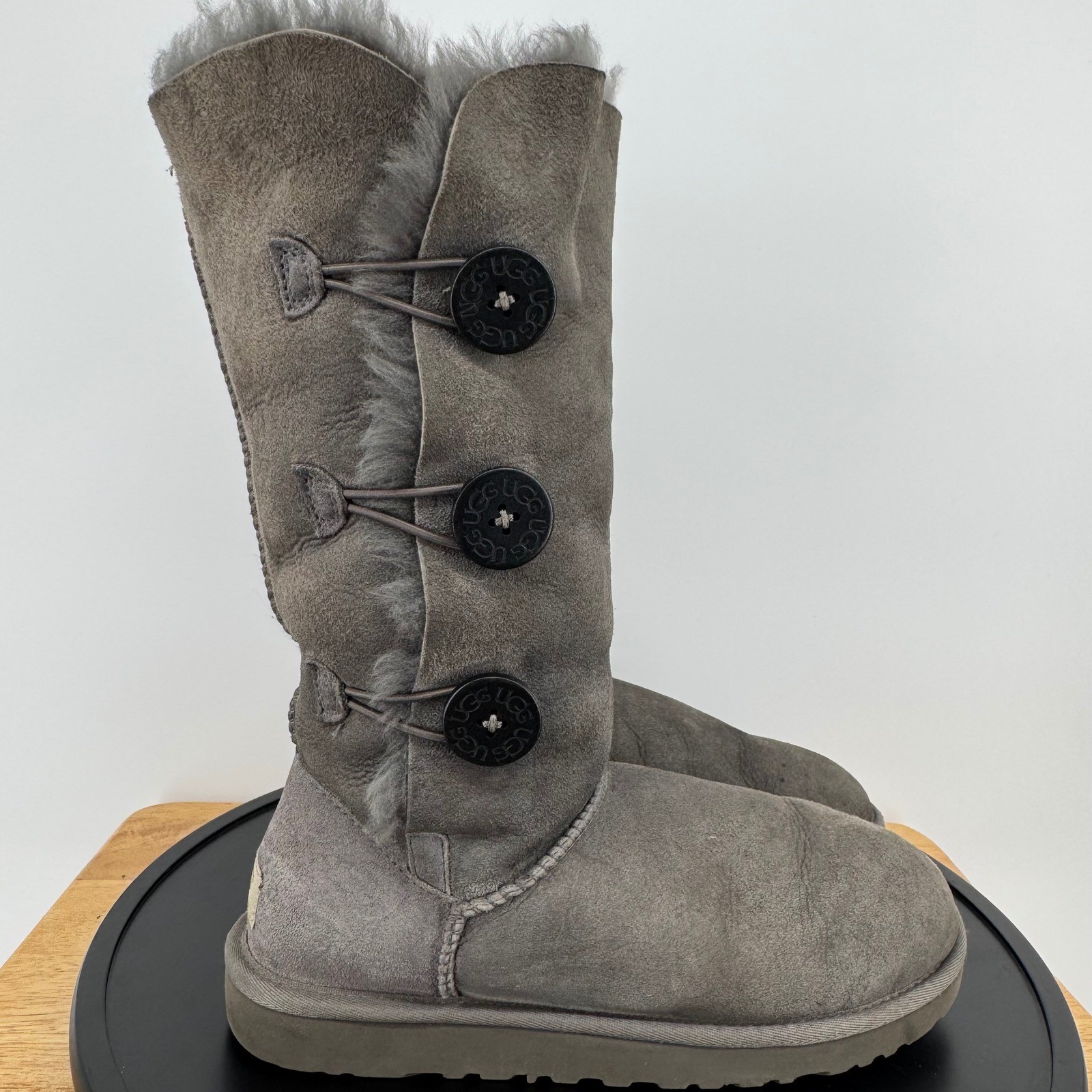 UGG Australia Bailey Button Triplet Grey Sheepskin Suede Tall Boots 1873 Size 8