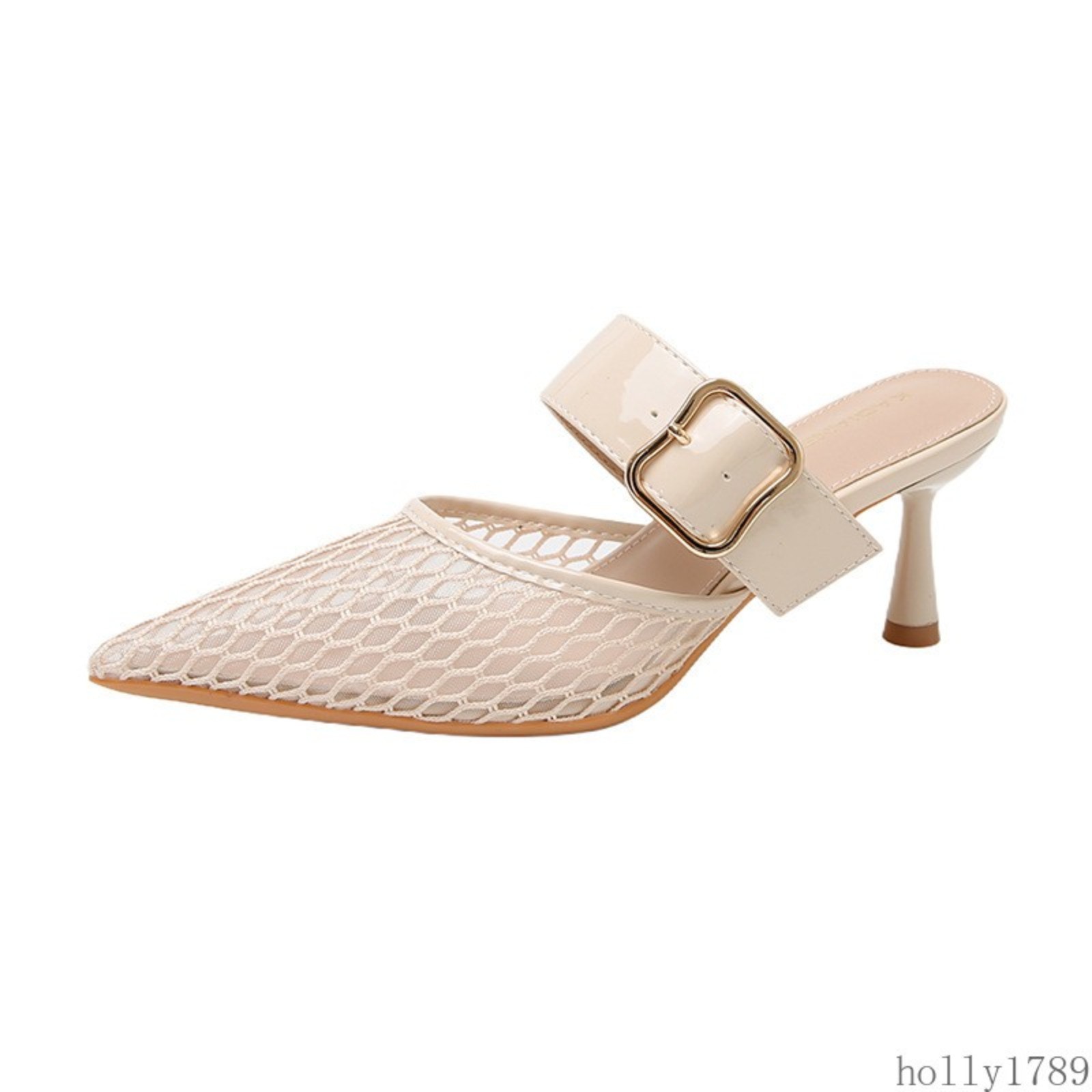Mesh Pointed Toe Mule Heels Women Hollow Out Strap Slip on High Heel Sandals