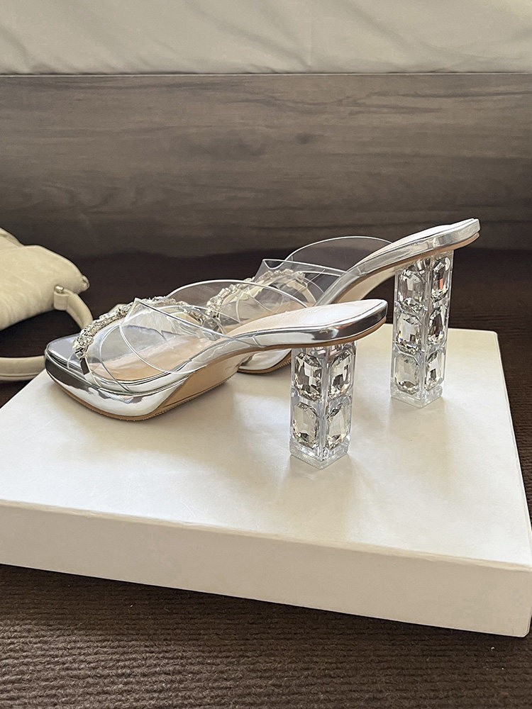 Rhinestone Platform Women Sandals Crystal High Block Heel Slide Shoes Slippers