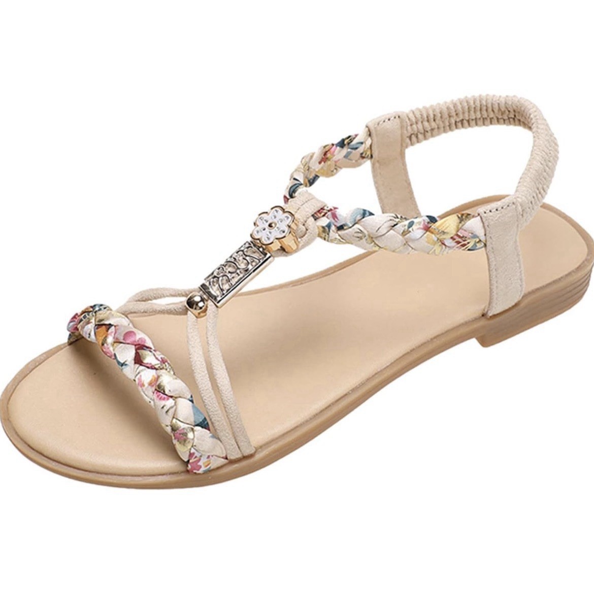 Women’s Braided Multicolor Beige Flat Sandals Slip On Floral Metallic Bohemian