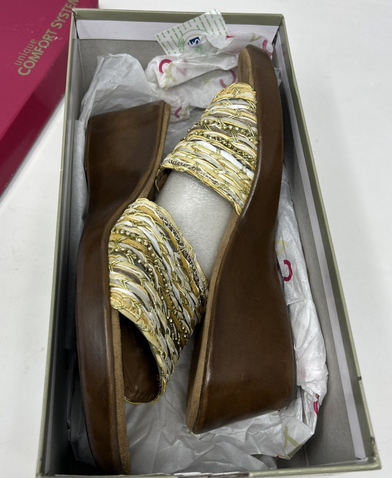 A2 by Aerosoles Say Yes Woven Wedge Sandals Slide Women 9 Gold Metallic with Box