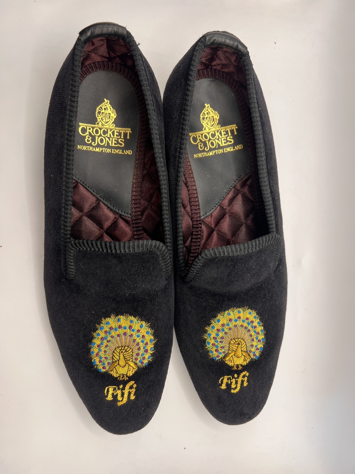 Crockett & Jones Black Embroidery Peacock Velvet Albert Slippers Women Sz 5.5/6