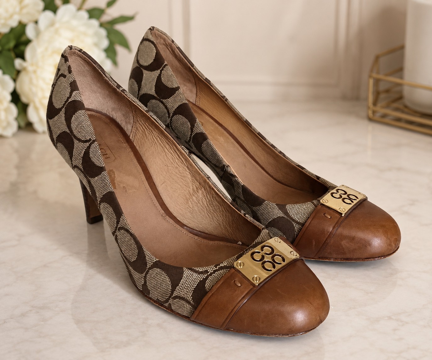 Coach Whitney Vintage Y2K Signature C Canvas Leather Pumps Brown Tan Heels 8.5B