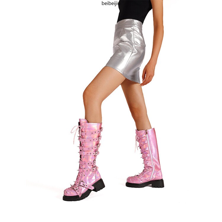 Women’s Punk Cosplay Mid Calf Boots Spike Studded Mid Block Heel Buckle Shoes Sz
