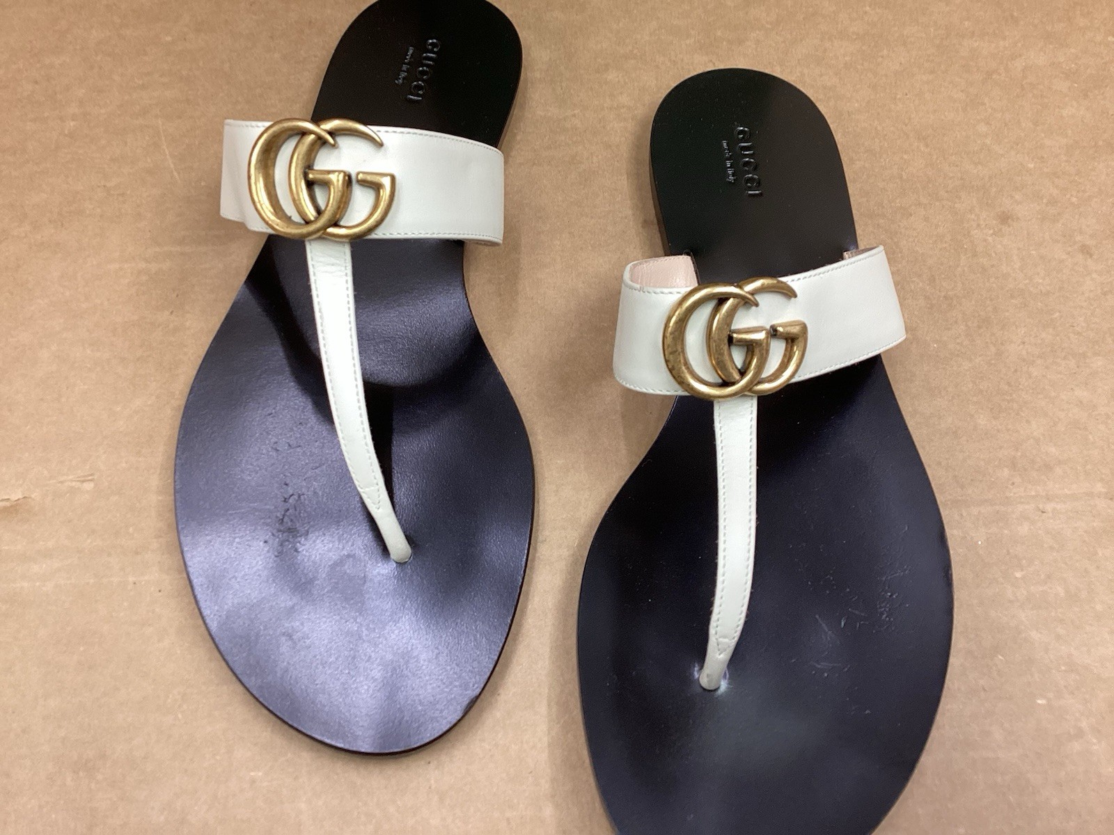 Gucci GG Marmont Thong Sandal , Gold / Black , White Leather , Sz 42