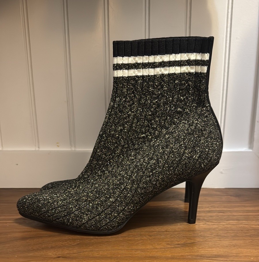 New Stuart Weitzman Sock Boots Waverly Ankle Black Gold Stretch Sz 8