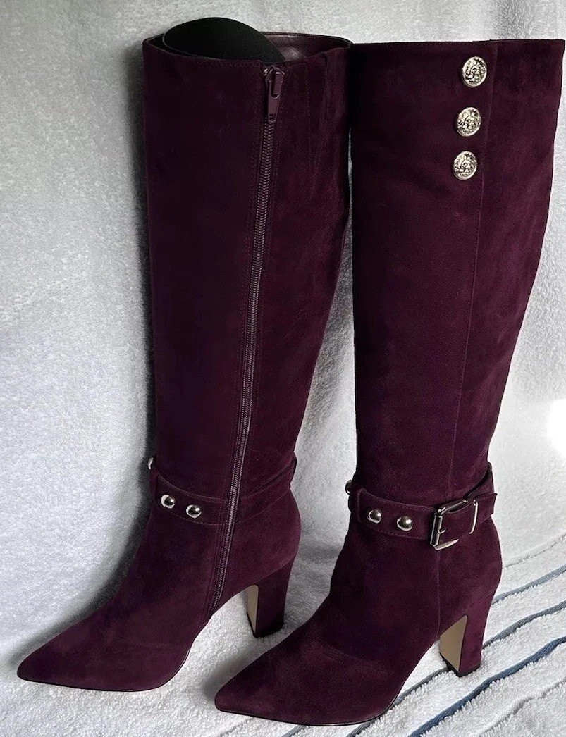 White House Black Market Suede Knee High Heeled Boots Wine Red Sz 6.5