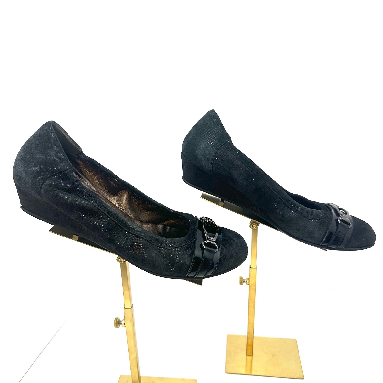 AGL Attilio Giusti Leombruni Black Suede Fabric Wedge Pumps Buckle Italy 40.5