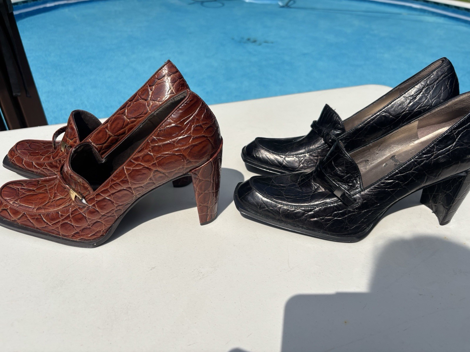 Enzo Angiolini Brown/Black Leather Croc Square Toe Block Heel Pumps 10. Two Pair
