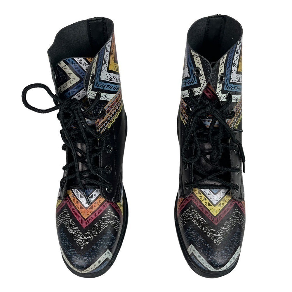 Yes We Vibe Boots Women Size 8.5 Boho Black and Multicolor Combat Lace Up Shoes